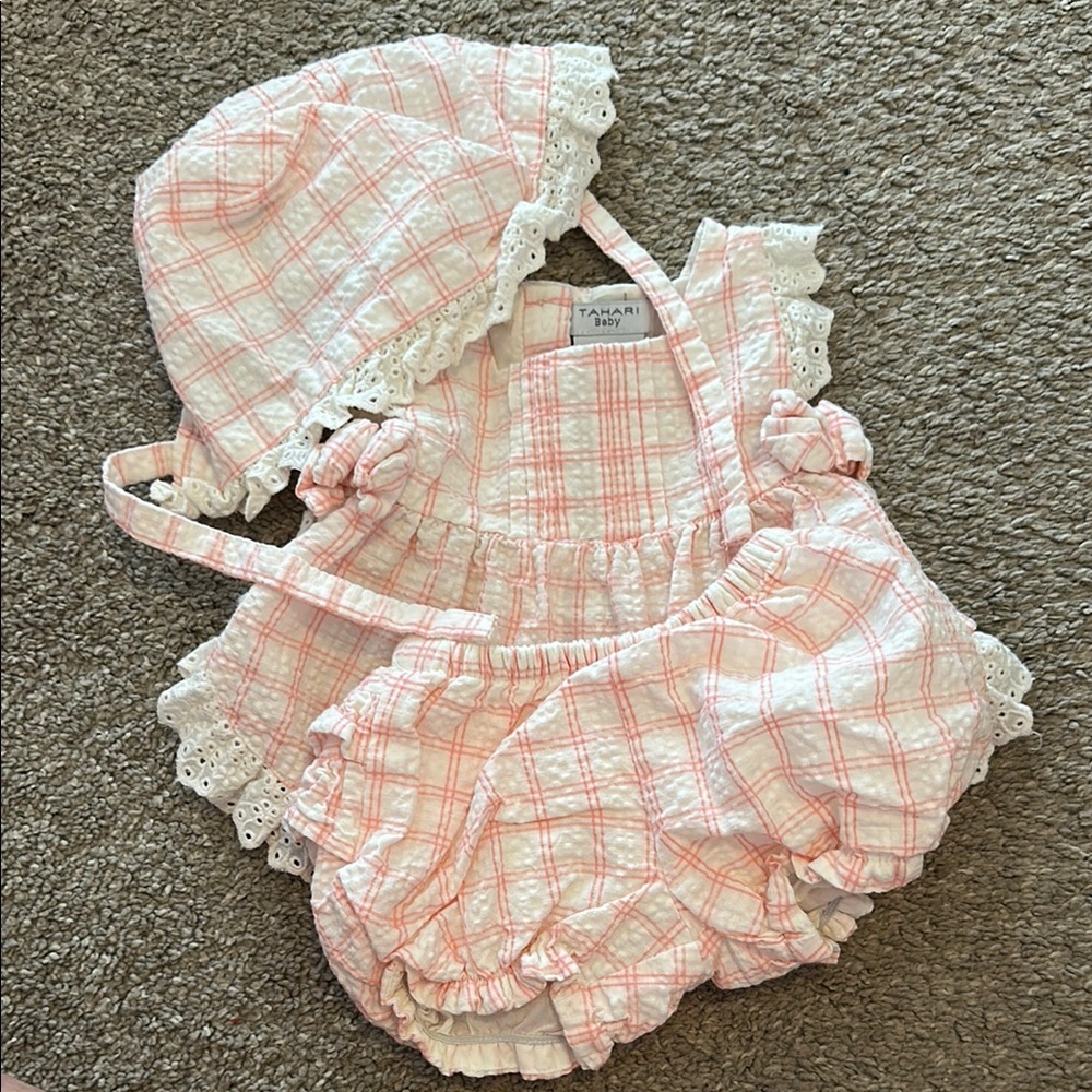 Charming Pink Plaid Bonnet and Bloomers Set